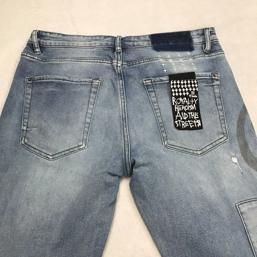 KSUBI Van Winkle Dollar Print Jeans Men 33x32 Light Wash Distressed Stretch Slim